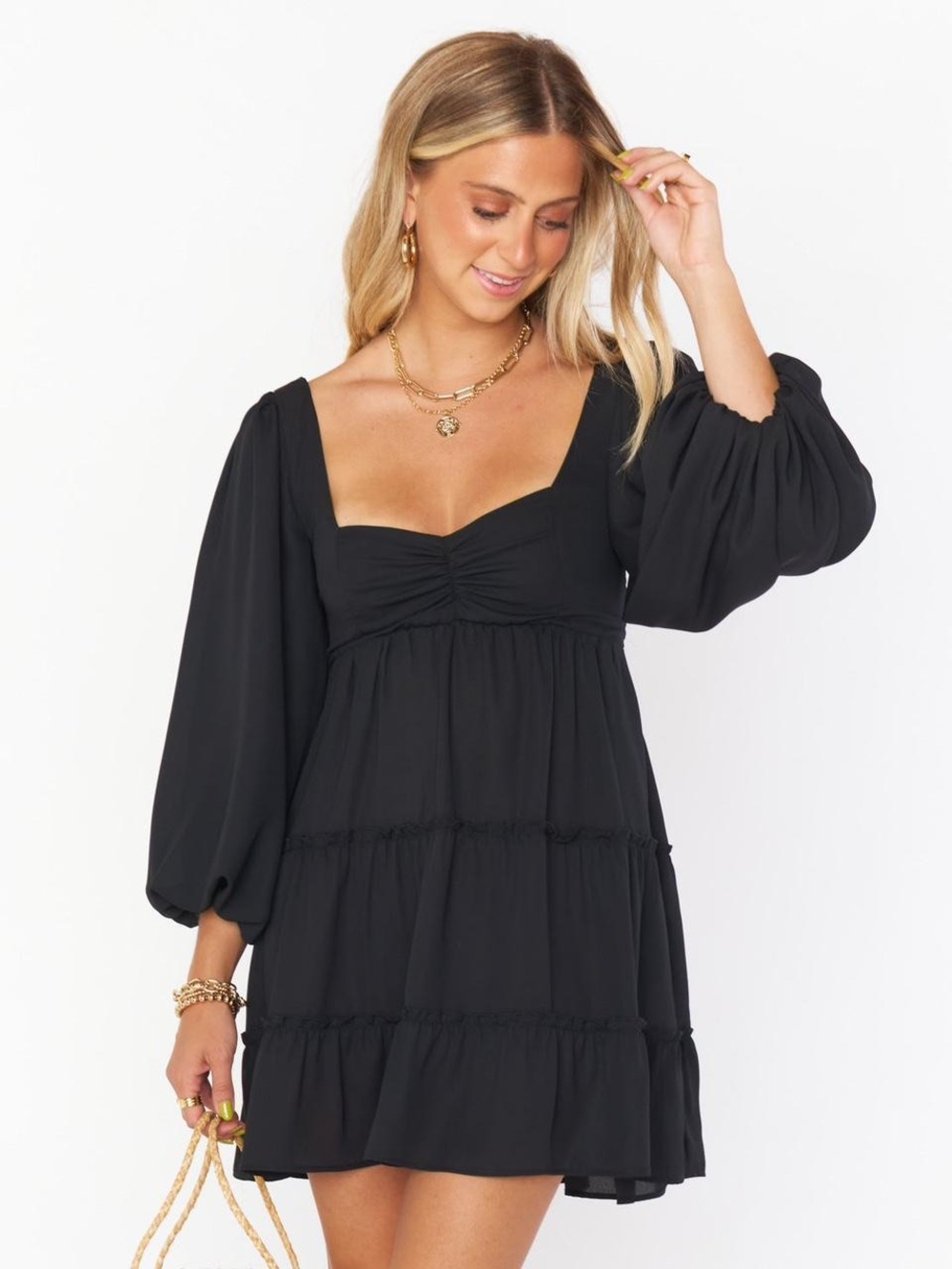 Show Me Your Mumu Black Tiered Puff-Sleeve Mandi Mini Dress